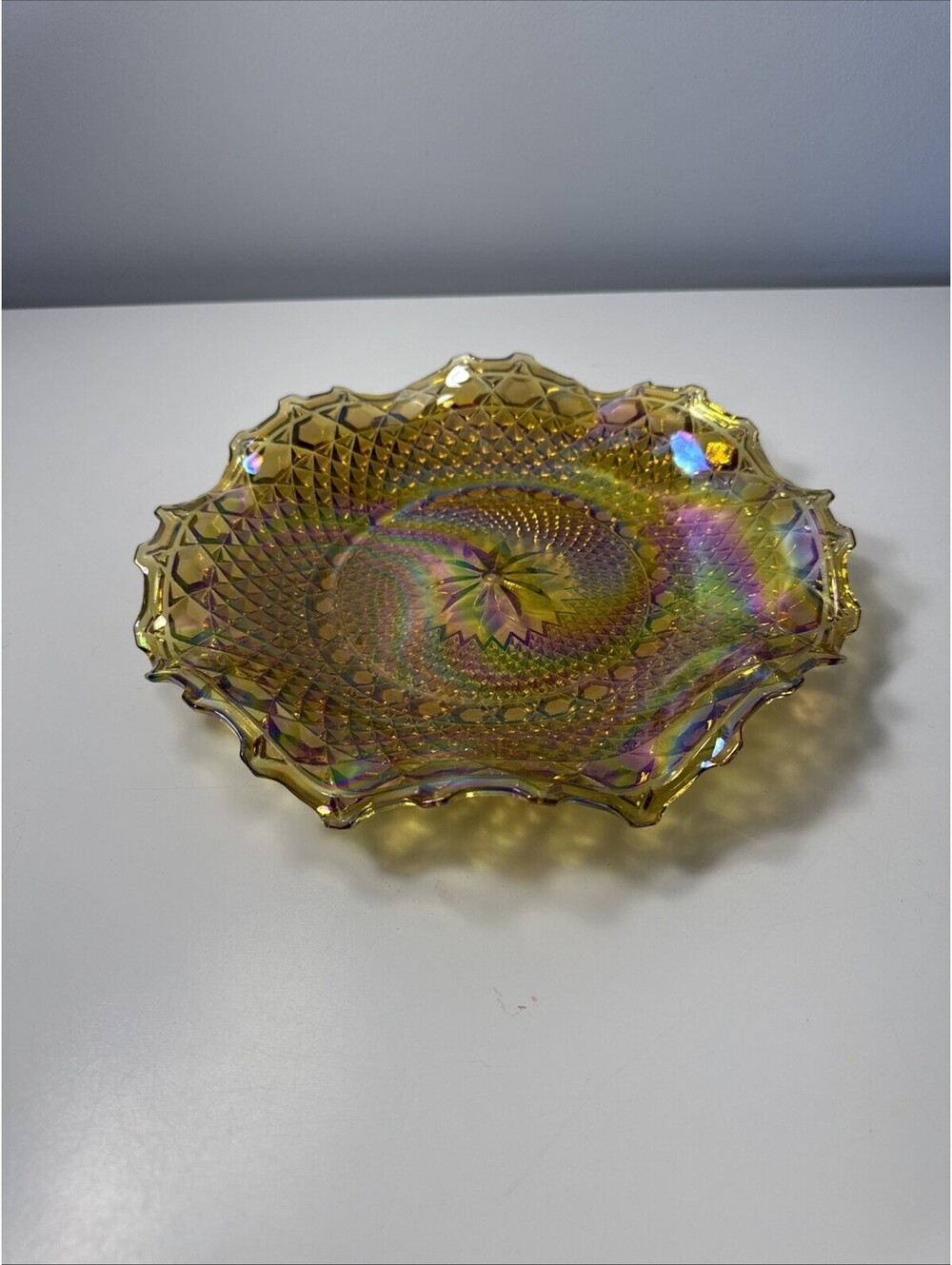 VTG Indiana Glass Iridescent Gold Amber Carnival Glass Hostess Plate Ruffled